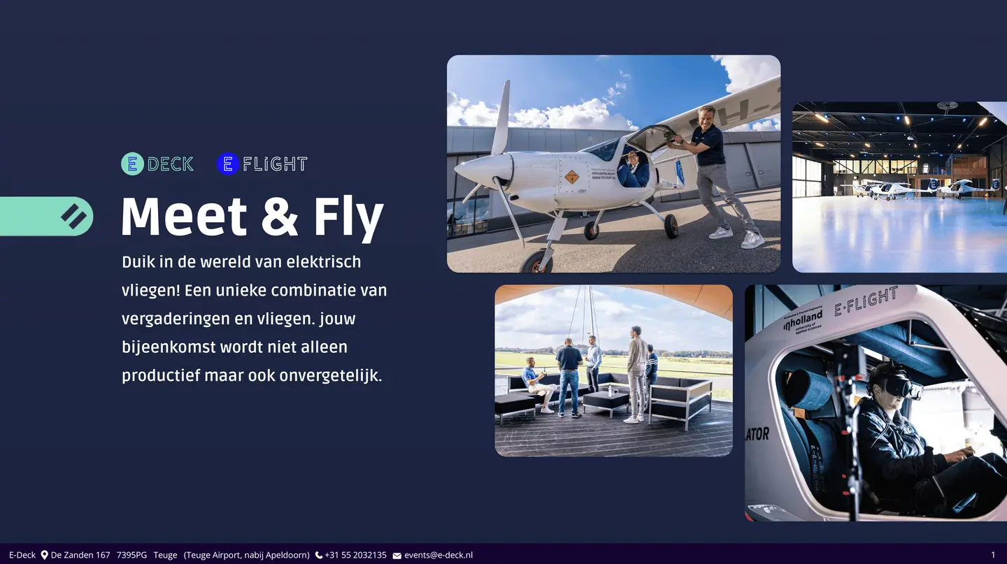 Voorblad van de Meet & Fly-brochure met foto's van elektrische vliegtuigen