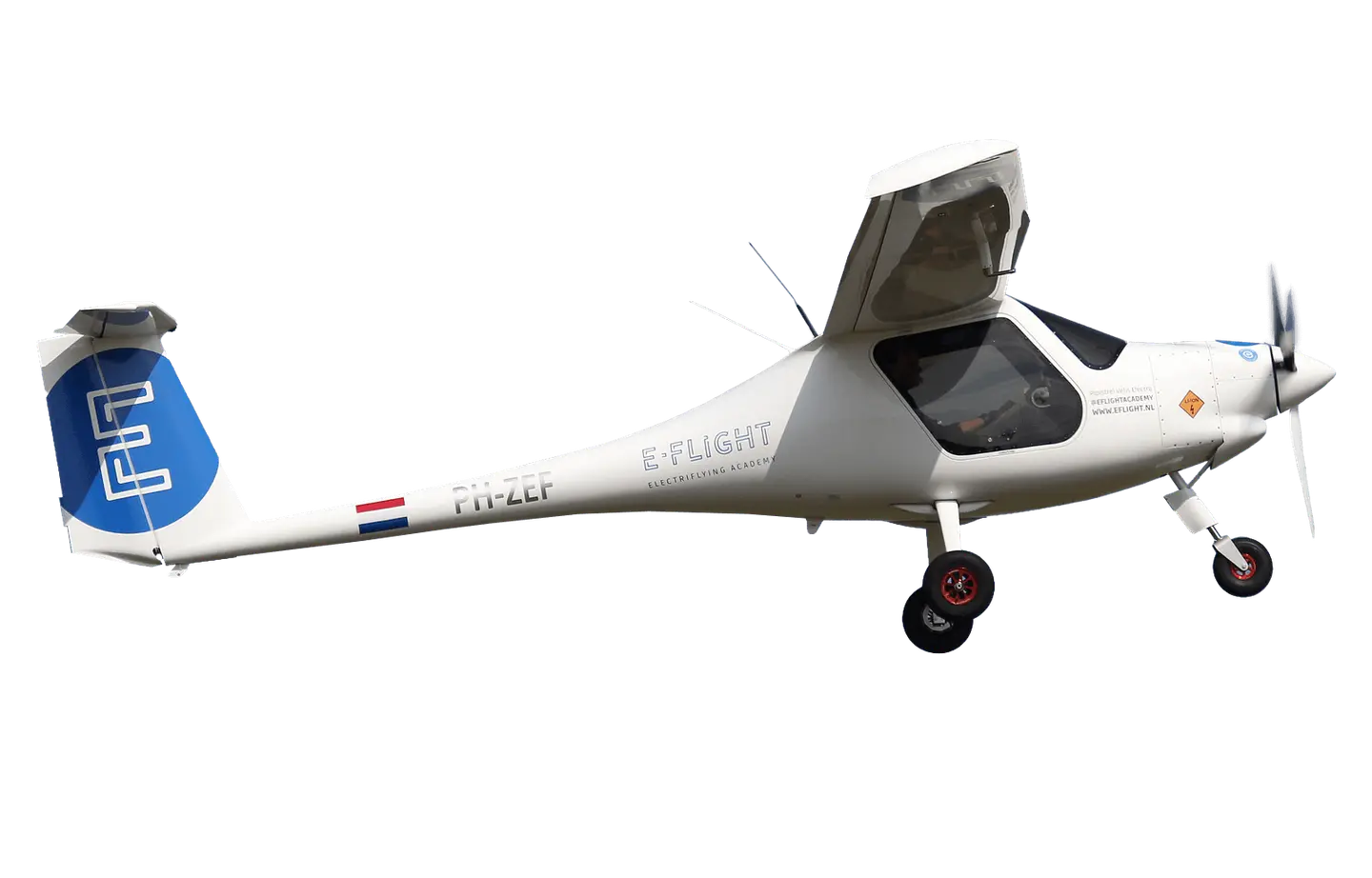Wit elektrisch vliegtuig van E-Flight vrijstaand in de lucht