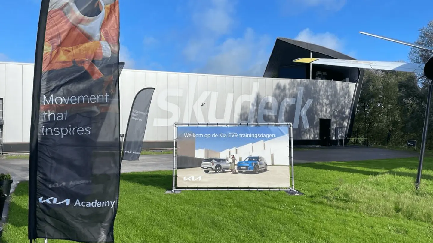 Flags in front of hangar