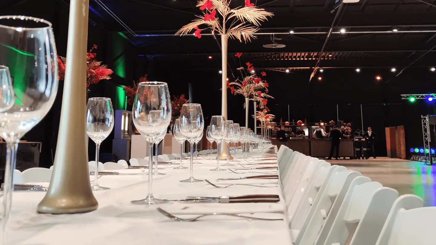 Lange feestelijk gedekte tafel met wijnglazen en decoratieve palmbomen in de hangar